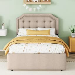 KOMHTOM 90x200 cm Flat bed upholstered bed with bedside table upholstery and decorative rivets, double drawers, dark beige