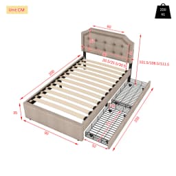 KOMHTOM 90x200 cm Flat bed upholstered bed with bedside table upholstery and decorative rivets, double drawers, dark beige
