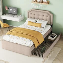 KOMHTOM 90x200 cm Flat bed upholstered bed with bedside table upholstery and decorative rivets, double drawers, dark beige