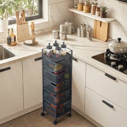 5-Tier Rotating Storage Shelves Rack Removable With Rolling Wheels Basket Shelf Organizer for Fruit Vegetable Grocery Kitchen