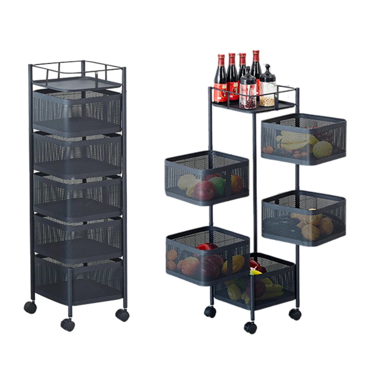 5-Tier Rotating Storage Shelves Rack Removable With Rolling Wheels Basket Shelf Organizer for Fruit Vegetable Grocery Kitchen