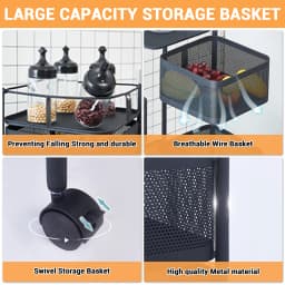 5-Tier Rotating Storage Shelves Rack Removable With Rolling Wheels Basket Shelf Organizer for Fruit Vegetable Grocery Kitchen