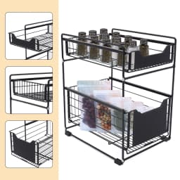 2 Tier Storage Rack Black Carbon Steel PP Baking Paint Modern Freestanding Under Sink Installation