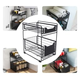 2 Tier Storage Rack Black Carbon Steel PP Baking Paint Modern Freestanding Under Sink Installation