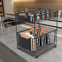 2 Tier Storage Rack Black Carbon Steel PP Baking Paint Modern Freestanding Under Sink Installation