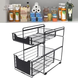 2 Tier Storage Rack Black Carbon Steel PP Baking Paint Modern Freestanding Under Sink Installation