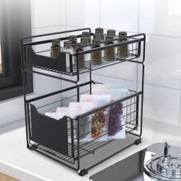 2 Tier Storage Rack Black Carbon Steel PP Baking Paint Modern Freestanding Under Sink Installation