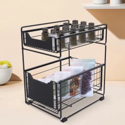 2 Tier Storage Rack Black Carbon Steel PP Baking Paint Modern Freestanding Under Sink Installation