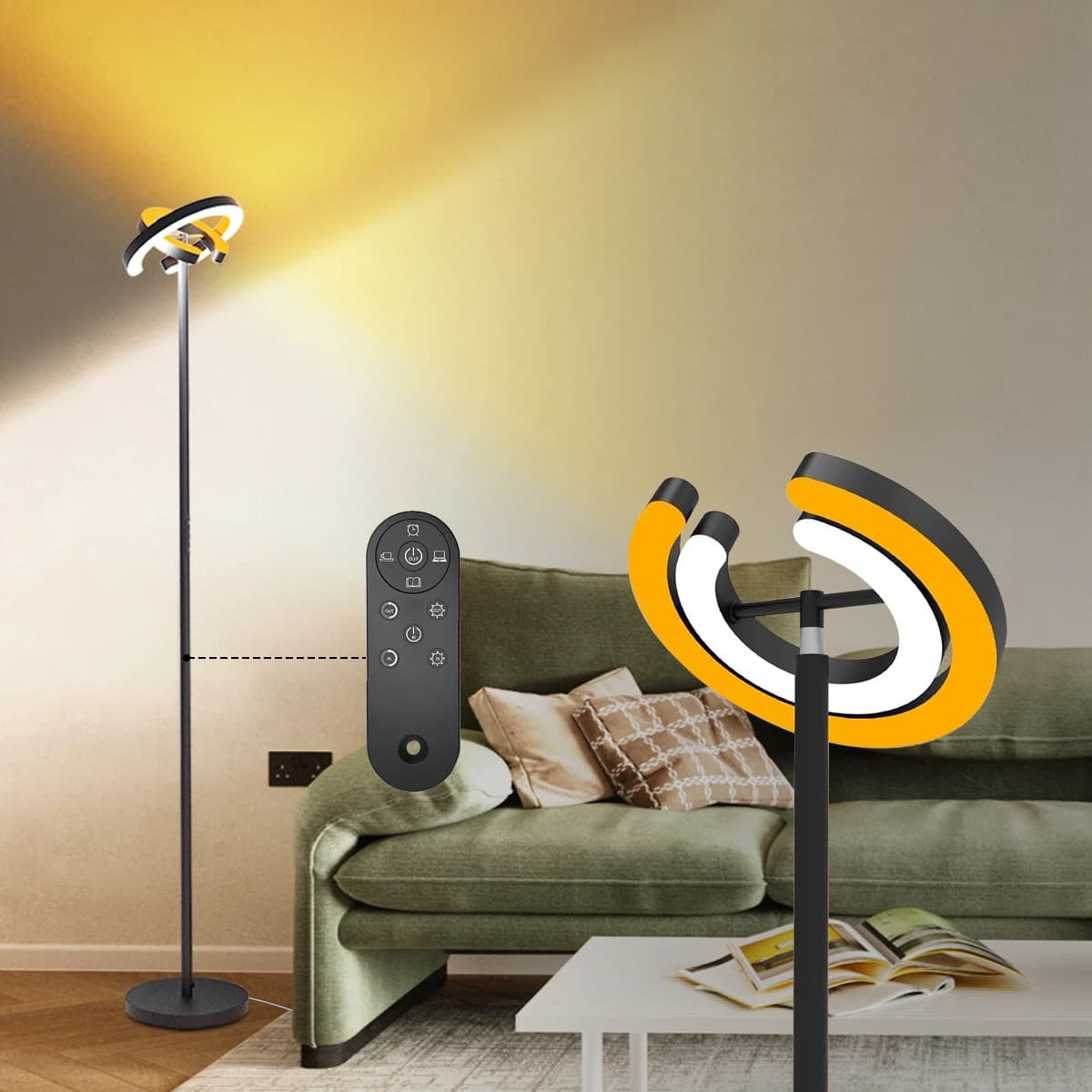 Smart Bright LED Corner Standing Rotatable Floor Lamp & Magnetic Remote Control, Dimmable Memory Light for Room Reading Office