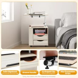 Functional Swivel Bedside Table Adjustable Bedside Cabinet with 4 Universal Wheels 2 Drawers Rotating end Table White Maple