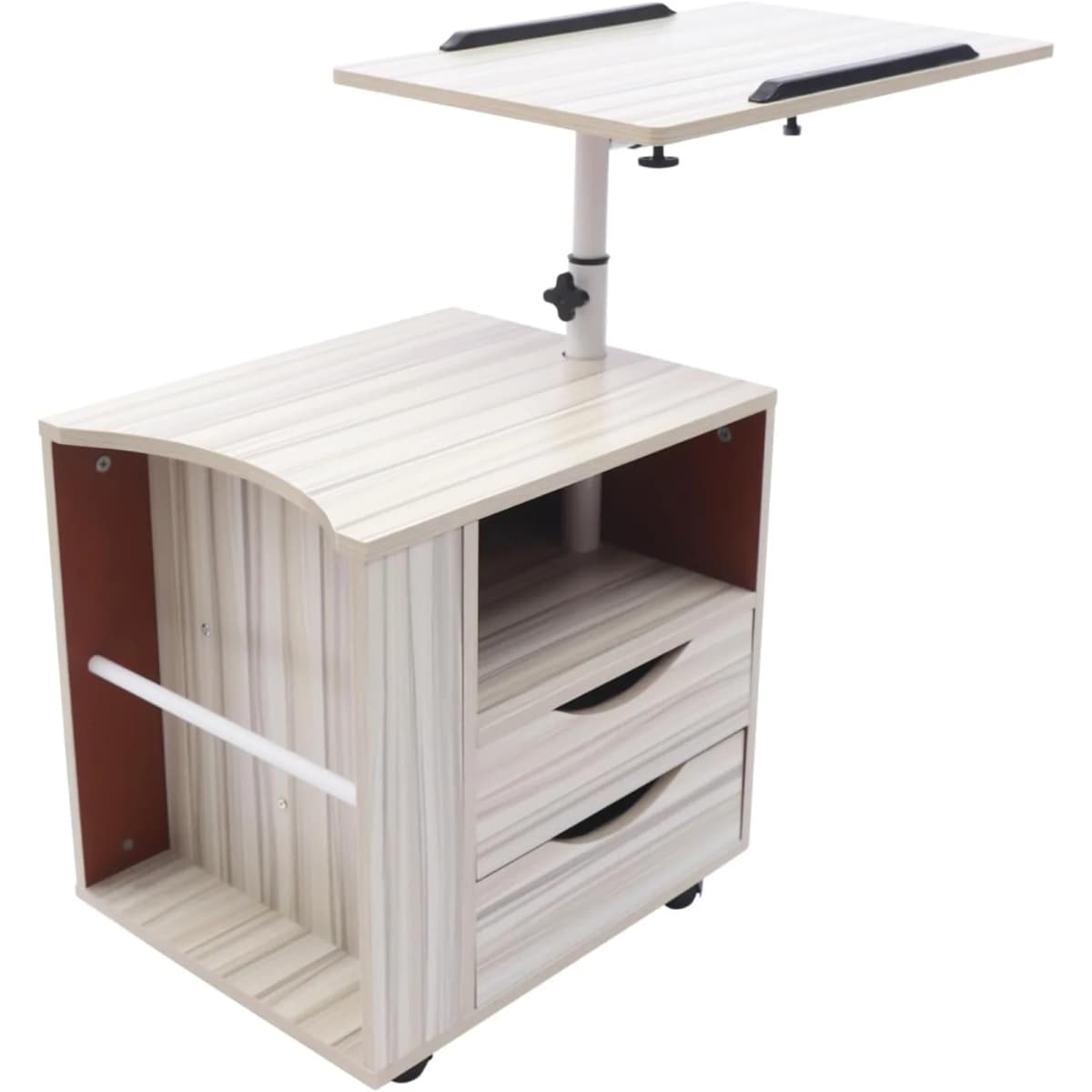 Functional Swivel Bedside Table Adjustable Bedside Cabinet with 4 Universal Wheels 2 Drawers Rotating end Table White Maple