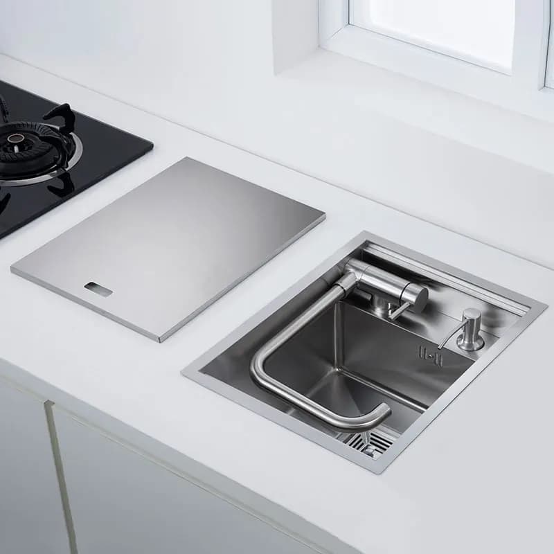 304 Stainless Steel Kitchen Sink for Island Bar, Brushed Finish with Foldable Faucet, Lid Cover, Soap Dispenser, Veg Basin Sinks