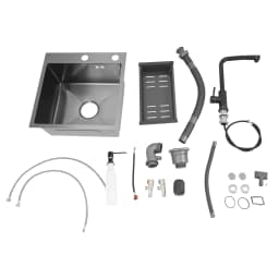 Stainless Steel 450*450mm Kitchen Sink Single Bowl 2-Hole Sink Kitchen Sink Set with Drain Basket Pull-out Faucet