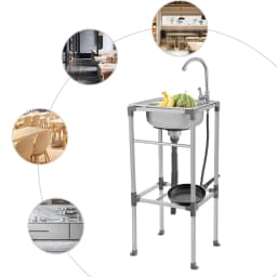 Kitchen Sink Freestanding Wash Sink with Drain Pipe Cold Faucet Filter Basket Stainless Steel for Hotels Bars Restaurants