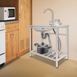 Kitchen Sink Freestanding Wash Sink with Drain Pipe Cold Faucet Filter Basket Stainless Steel for Hotels Bars Restaurants