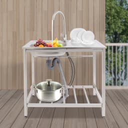 Kitchen Sink Freestanding Wash Sink with Drain Pipe Cold Faucet Filter Basket Stainless Steel for Hotels Bars Restaurants