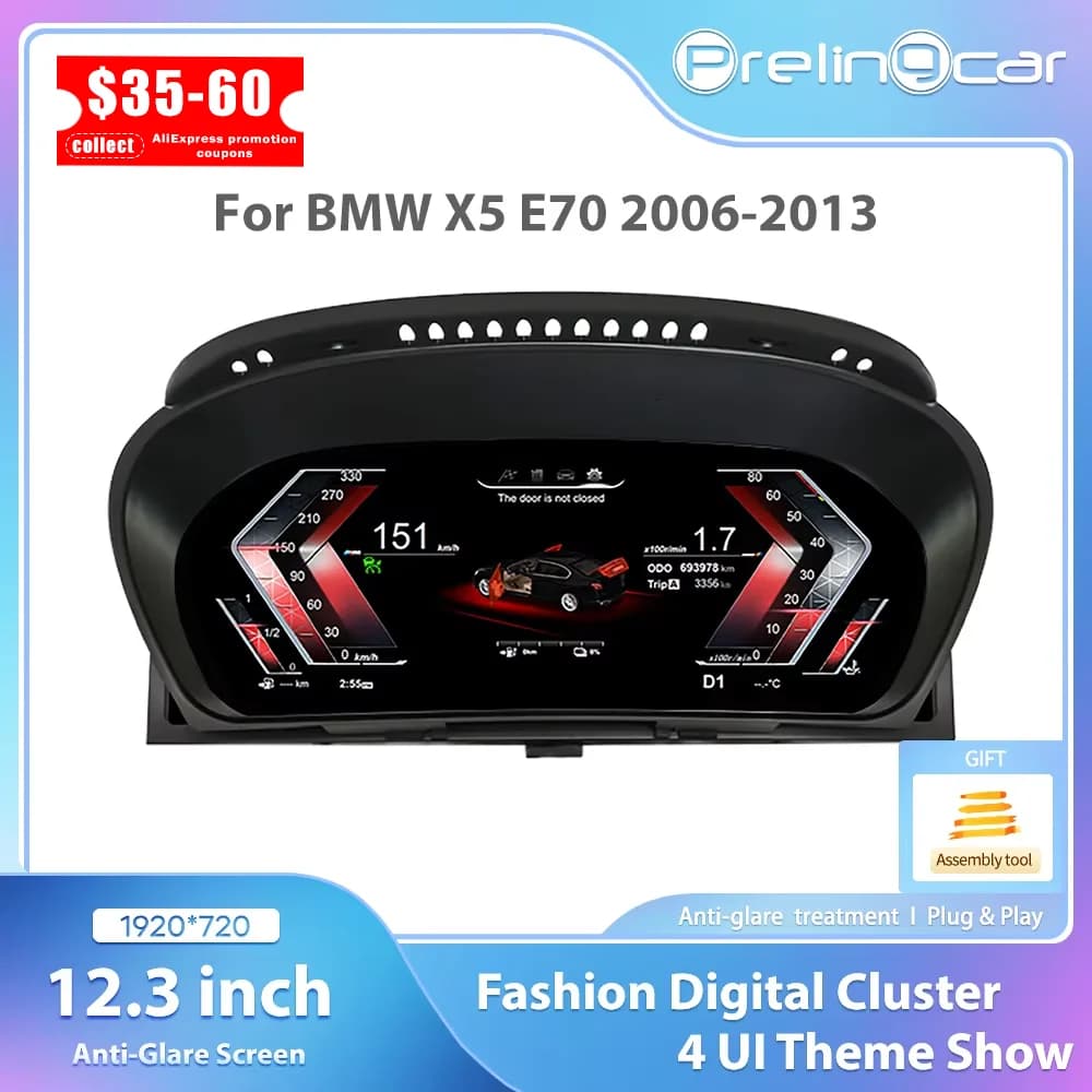 12.3" Linux Car LCD Dashboard For BMW X5 E70 X6 E71 2006-2013 CCC CIC Instrument Cluster Panel Virtual CockPit Speedometer