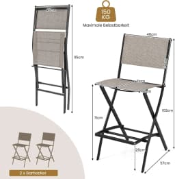 Set of 2 Outdoor Bar Stools,Folding Bar Chairs with Backrest and Footrest,Counter Stools up to 150 kg,for Balcony,Garden