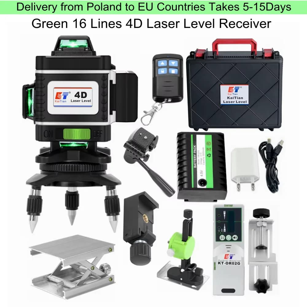 KaiTian Laser Level Self Leveling 360 Bracket Green Beam 4D 16 Line Cross Lazer Tools Lithium Battery Nivel Laser Level Receiver
