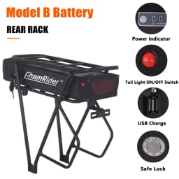 ChamRider 48V EBike Lithium Battery Model B Rear Rack Battery 50A BMS 52V Powerful Capacity Electric Bike Battery 36V 21700 Cell