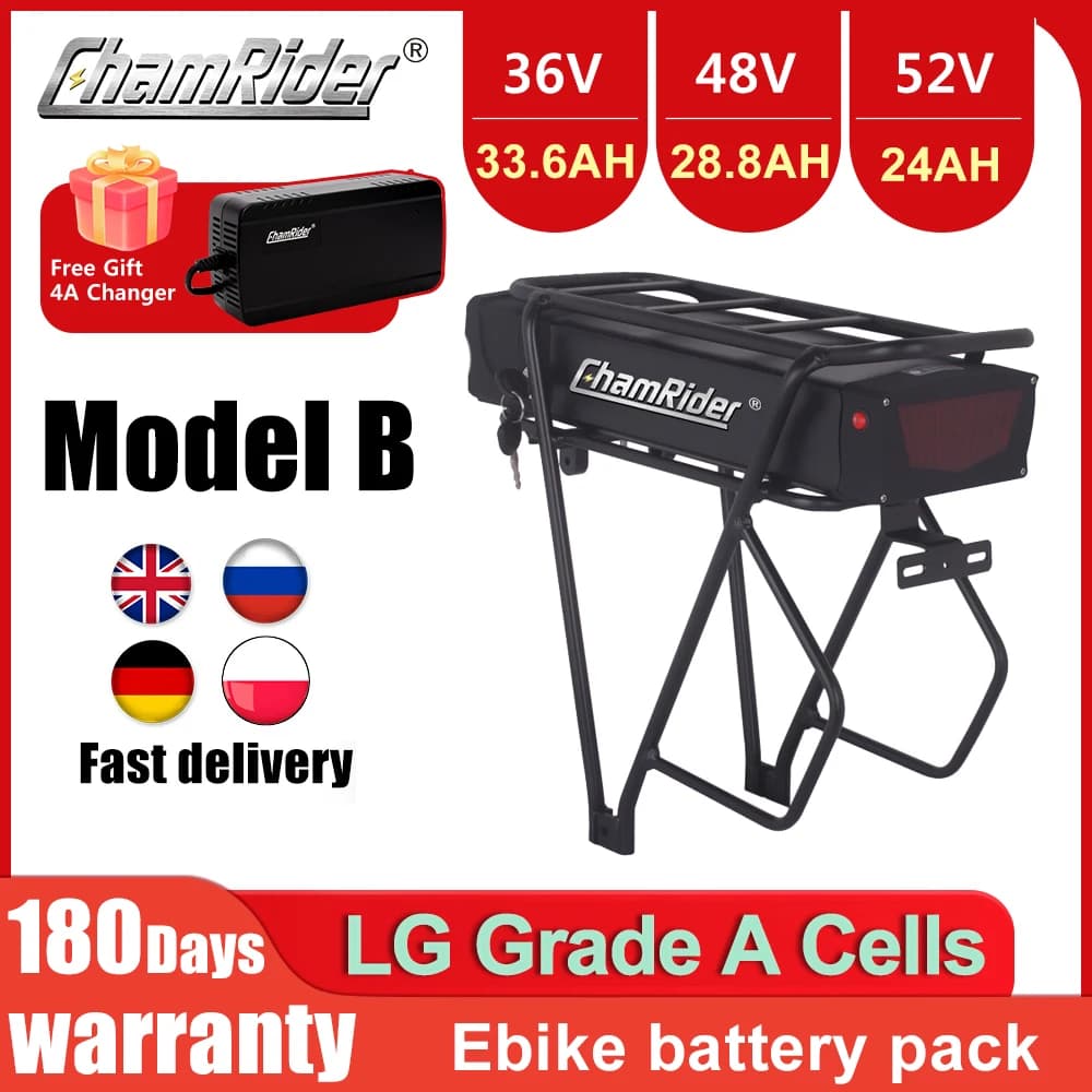 ChamRider 48V EBike Lithium Battery Model B Rear Rack Battery 50A BMS 52V Powerful Capacity Electric Bike Battery 36V 21700 Cell