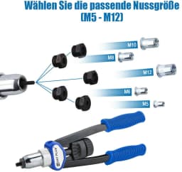 DayPlus Profi Nietmutternzange Set Blindnietzange Set Nietmaschine Gewinde Nuss Nieten M5 - M12 Werkzeug Mit 150 Nietmuttern