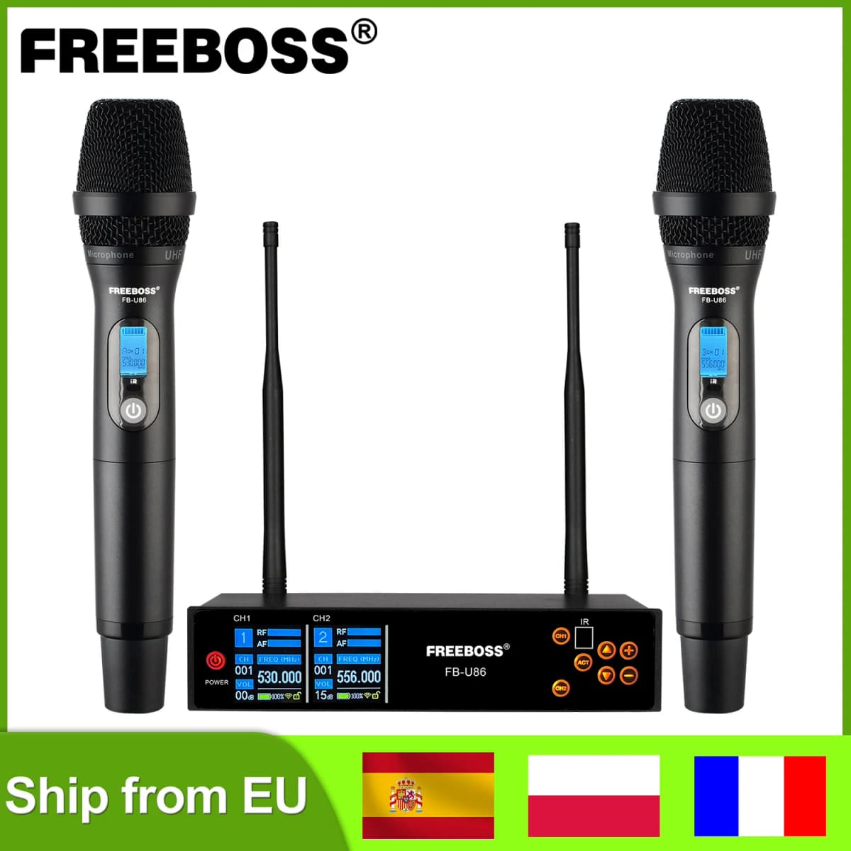FREEBOSS TFT Screen 2 Way UHF Wireless Microphone Adjustment Frequency Handheld Transmitter Professional 40m for Stage FB-U86