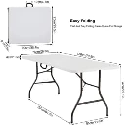 Garden Table Foldable 180x76 cm Carrying Handle Plastic 8 People Buffet Table Camping Folding White