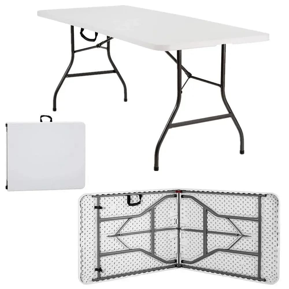Garden Table Foldable 180x76 cm Carrying Handle Plastic 8 People Buffet Table Camping Folding White