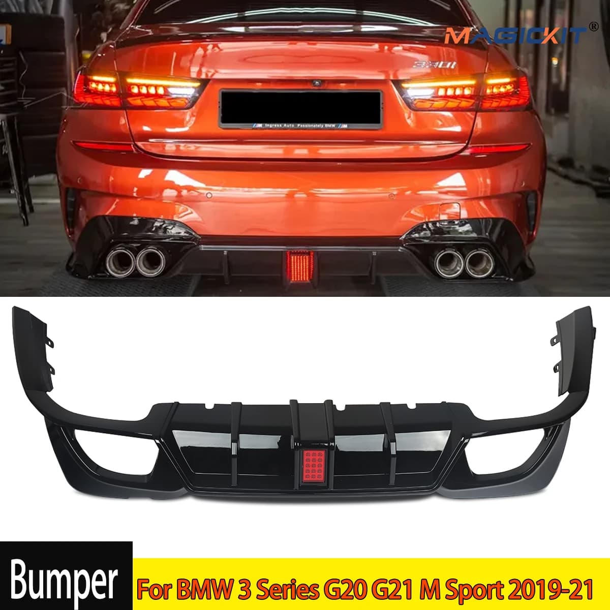MagicKit For BMW 3Ser G20 G21 M Sport 2019-21 Competitive &Lamp Style Rear Diffuser Black