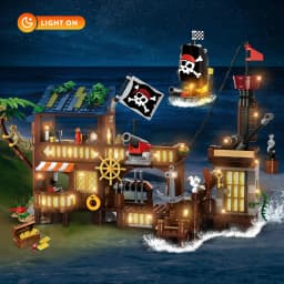 HOGOKIDS Pirate Ship Wharf Building Toy with LED–Medieval Pirate House BuildingBlock Set, Architecture for Kids6+ Birthday Gift