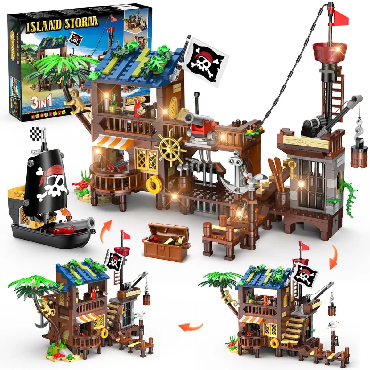 HOGOKIDS Pirate Ship Wharf Building Toy with LED–Medieval Pirate House BuildingBlock Set, Architecture for Kids6+ Birthday Gift