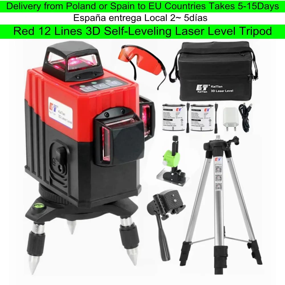 Kaitian Niveau Laser Level Self Leveling Lithium Battery Professional High Precision Red 3D Cross 12 Line 360 Laser Level Tripod