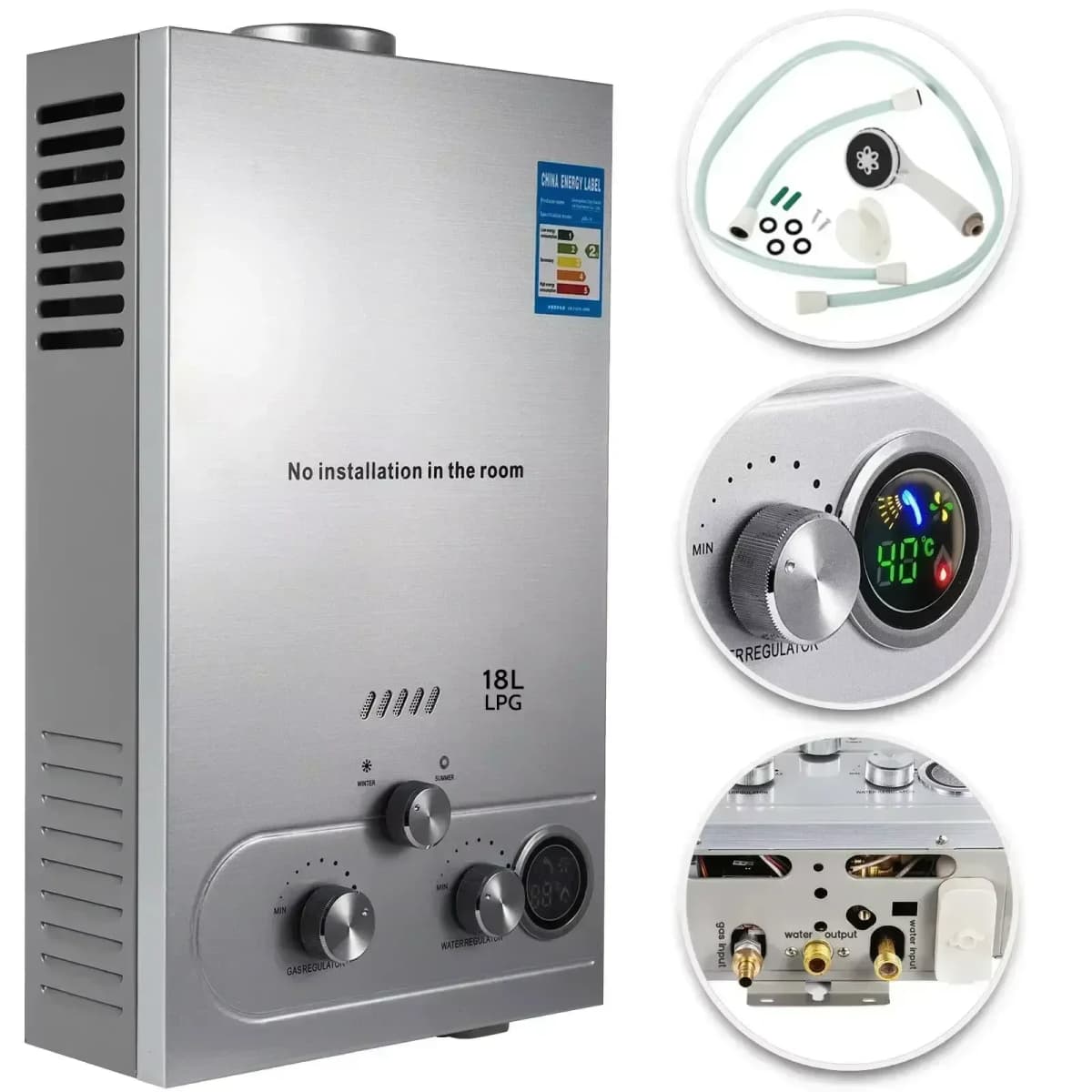 VEVOR LPG 18L Water Heater 36KW Instant Liquefied Petroleum Gas Water Heater Stainless Steel Boiler Kit Portable