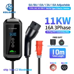 Kolanky Type 2 Portable EV Charger 11KW 16A 3 Phase Charging Cable 10m CEE Plug for Electric Vehicle Car Timer Adjust Current