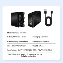 10800mAh NP-F980 NP-F990 F960 F970 Battery Power LED Power Bank Indicator Micro USB Charge for Sony PLM-100 CCD-TRV35 MVC-FD91