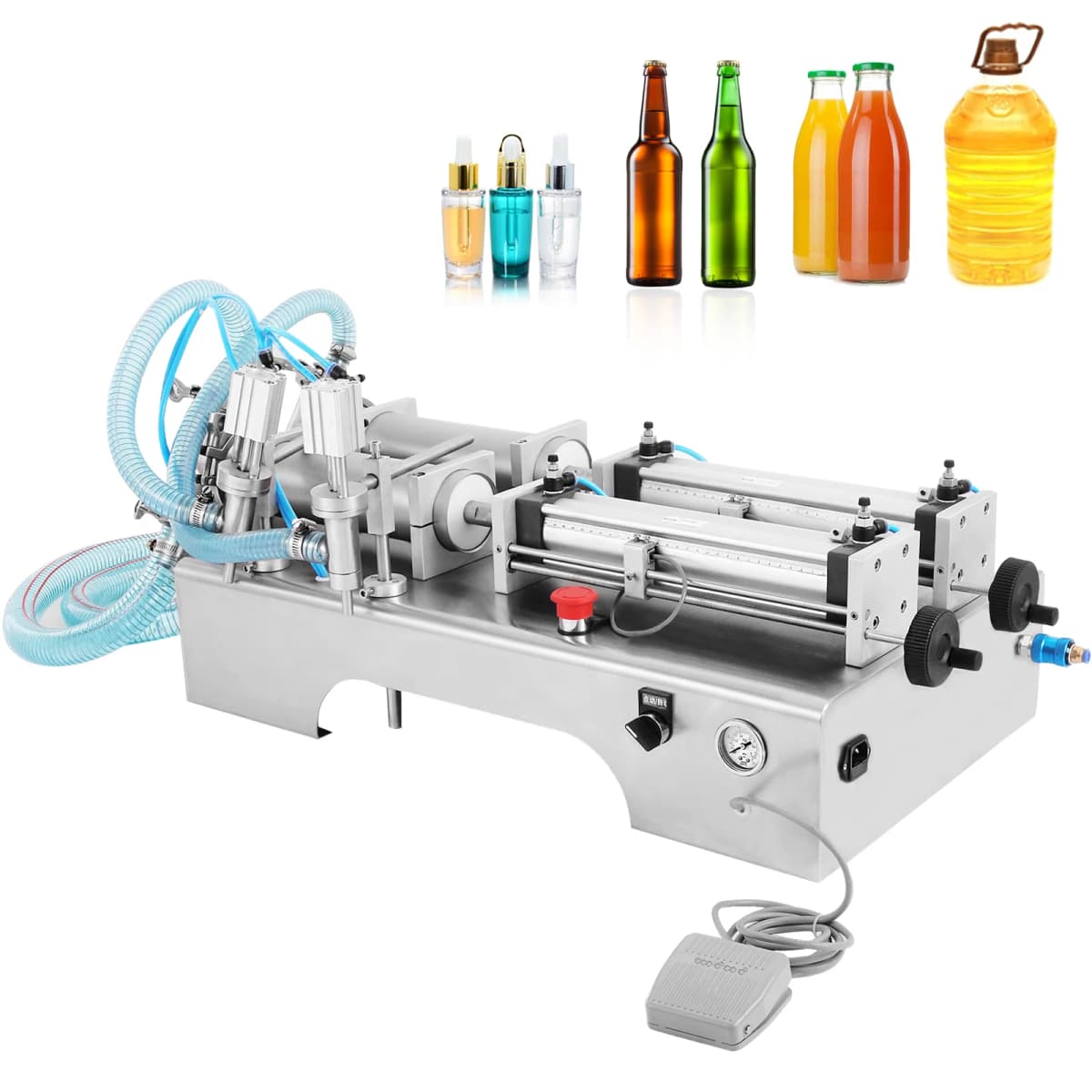 SucceBuy 100-1000ML Pneumatic Liquid Filling Machine with Double Nozzles Commercial Automatic Bottle Filler for Cosmetic Drinks
