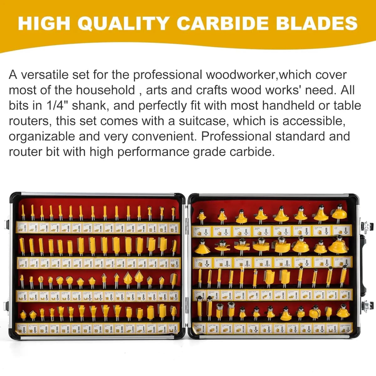 Allsome 100pcs 1/4” Router Bits, Carbide Wood Milling Cutter for Woodworkers and Beginners, Ideal for Woodworking Project