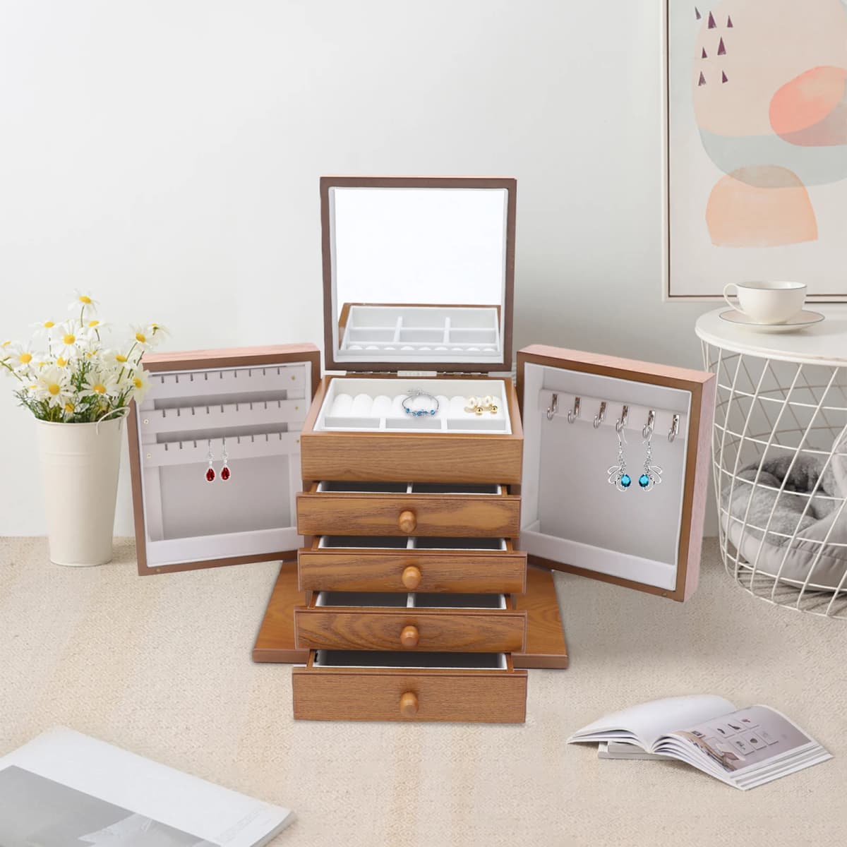 Bymaocar 5 Layers Vintage Large Jewelry Organizer Case Wooden Storage Box with 4 Drawers Jewelry Boxes