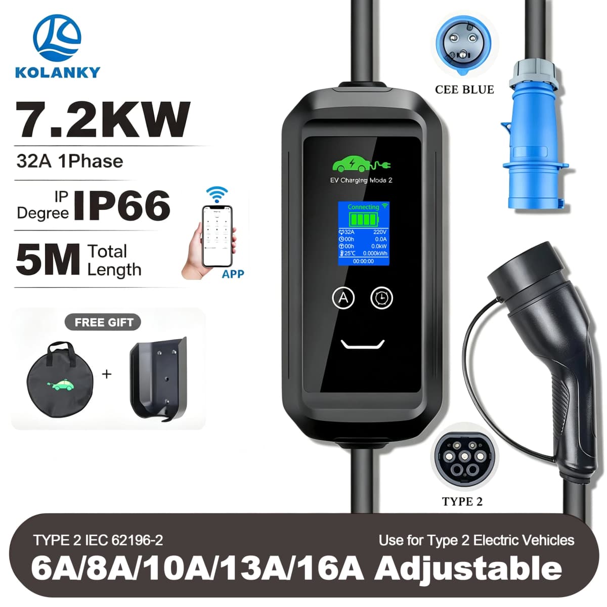 Kolanky Portable EV Charger Type2 32A 7.2KW EVSE Wi-Fi APP Control Adjustable Current Smart Timing Charging  for Electric Car 5M