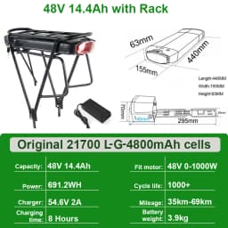 Ebike Battery 36V 18Ah 17.5Ah 13AH 15H Rear Rack Electric Bicycle Battery 18650 27100 Pack for 36V 250W 350W 500W Motor Kit