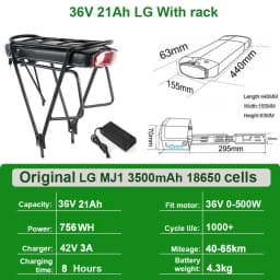 Ebike Battery 36V 18Ah 17.5Ah 13AH 15H Rear Rack Electric Bicycle Battery 18650 27100 Pack for 36V 250W 350W 500W Motor Kit