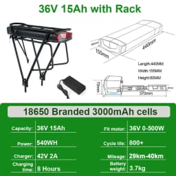 Ebike Battery 36V 18Ah 17.5Ah 13AH 15H Rear Rack Electric Bicycle Battery 18650 27100 Pack for 36V 250W 350W 500W Motor Kit