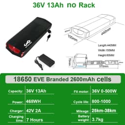 Ebike Battery 36V 18Ah 17.5Ah 13AH 15H Rear Rack Electric Bicycle Battery 18650 27100 Pack for 36V 250W 350W 500W Motor Kit