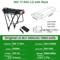 Ebike Battery 36V 18Ah 17.5Ah 13AH 15H Rear Rack Electric Bicycle Battery 18650 27100 Pack for 36V 250W 350W 500W Motor Kit
