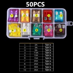 100/50Pcs Profile Small Size Blade Type Car Fuse Assortment Set Auto Car Truck 2.5/3/5/7.5/10/15/20/25/30/35A Fuse with Box Clip