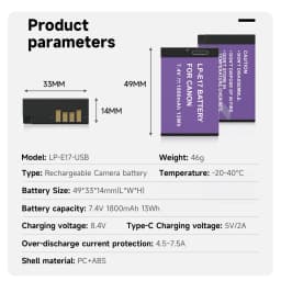 PALO LP E17 LP-E17 Battery with Type-C Input for Canon SL2 SL3 RP 200 250D M3 M5 M6 750D 760D T6i T6s 800D 8000D 77D Kiss X8i