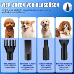 2800W Pet Hair Dryer, 2 Temperature 35°C and 65 °C, 50m/s-100m/s Stepless Speed, 2.3m Telescopic Hose, 4 Nozzles