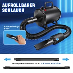 2800W Pet Hair Dryer, 2 Temperature 35°C and 65 °C, 50m/s-100m/s Stepless Speed, 2.3m Telescopic Hose, 4 Nozzles