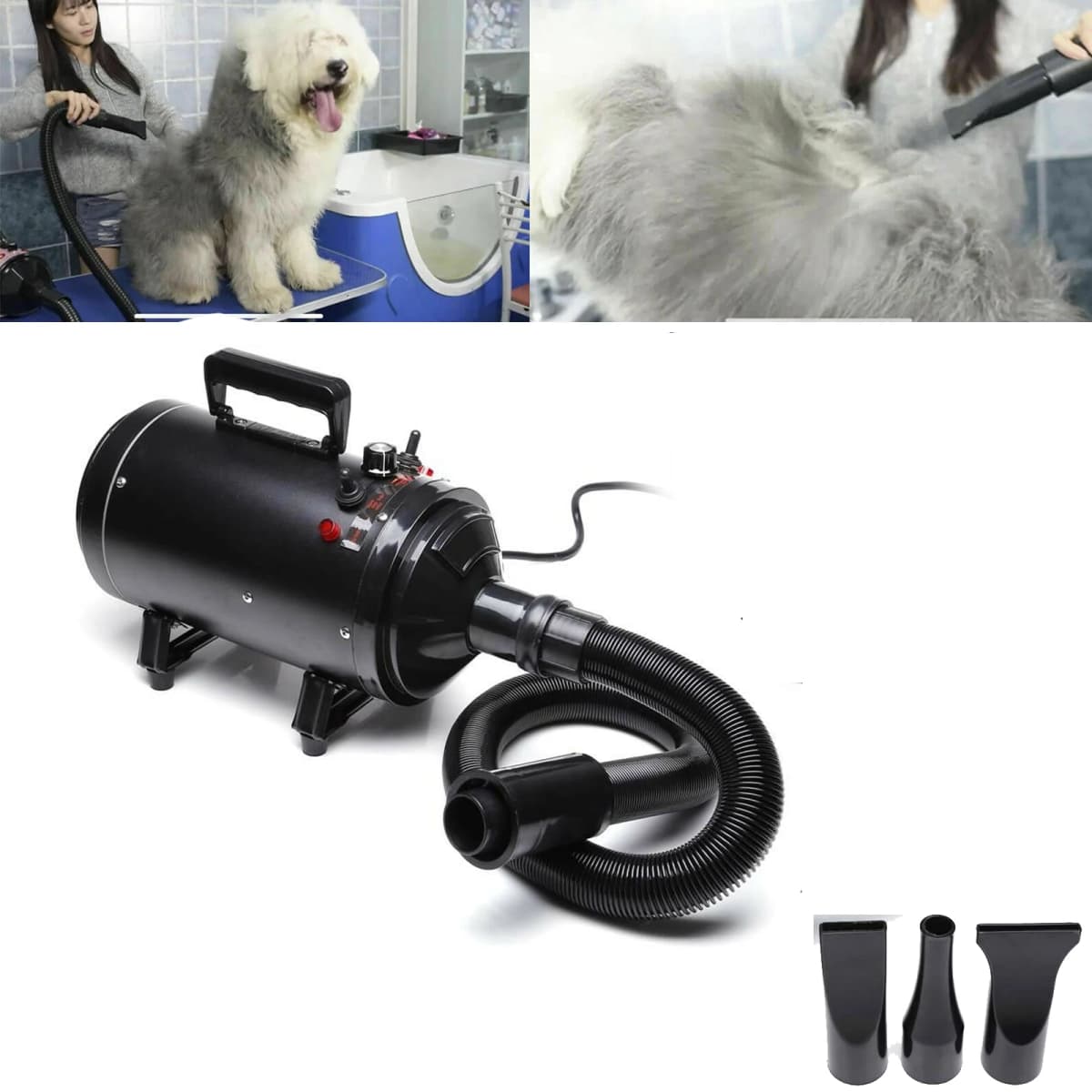2800W Pet Hair Dryer, 2 Temperature 35°C and 65 °C, 50m/s-100m/s Stepless Speed, 2.3m Telescopic Hose, 4 Nozzles